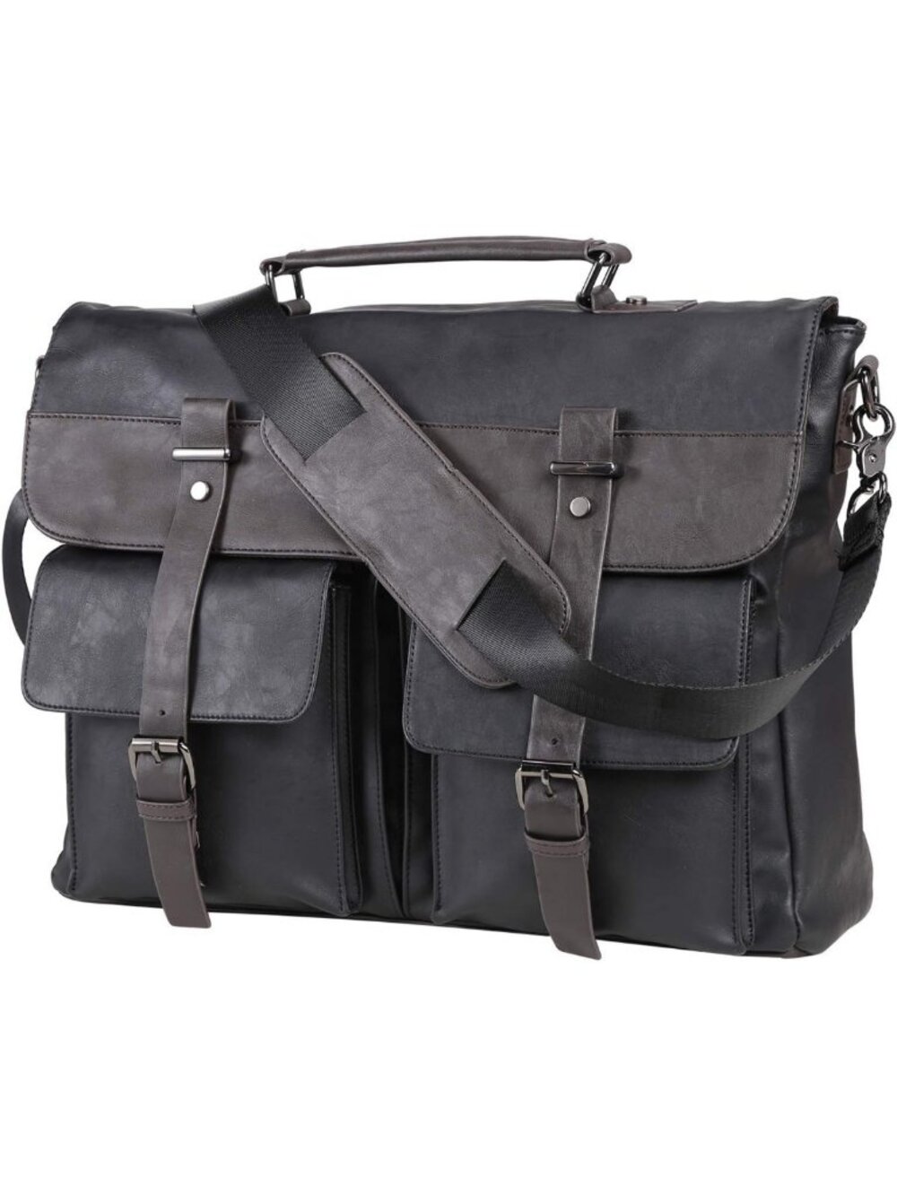Vintage Black Water-Resistant PU Leather Laptop Messenger Bag, Satchel Briefcase